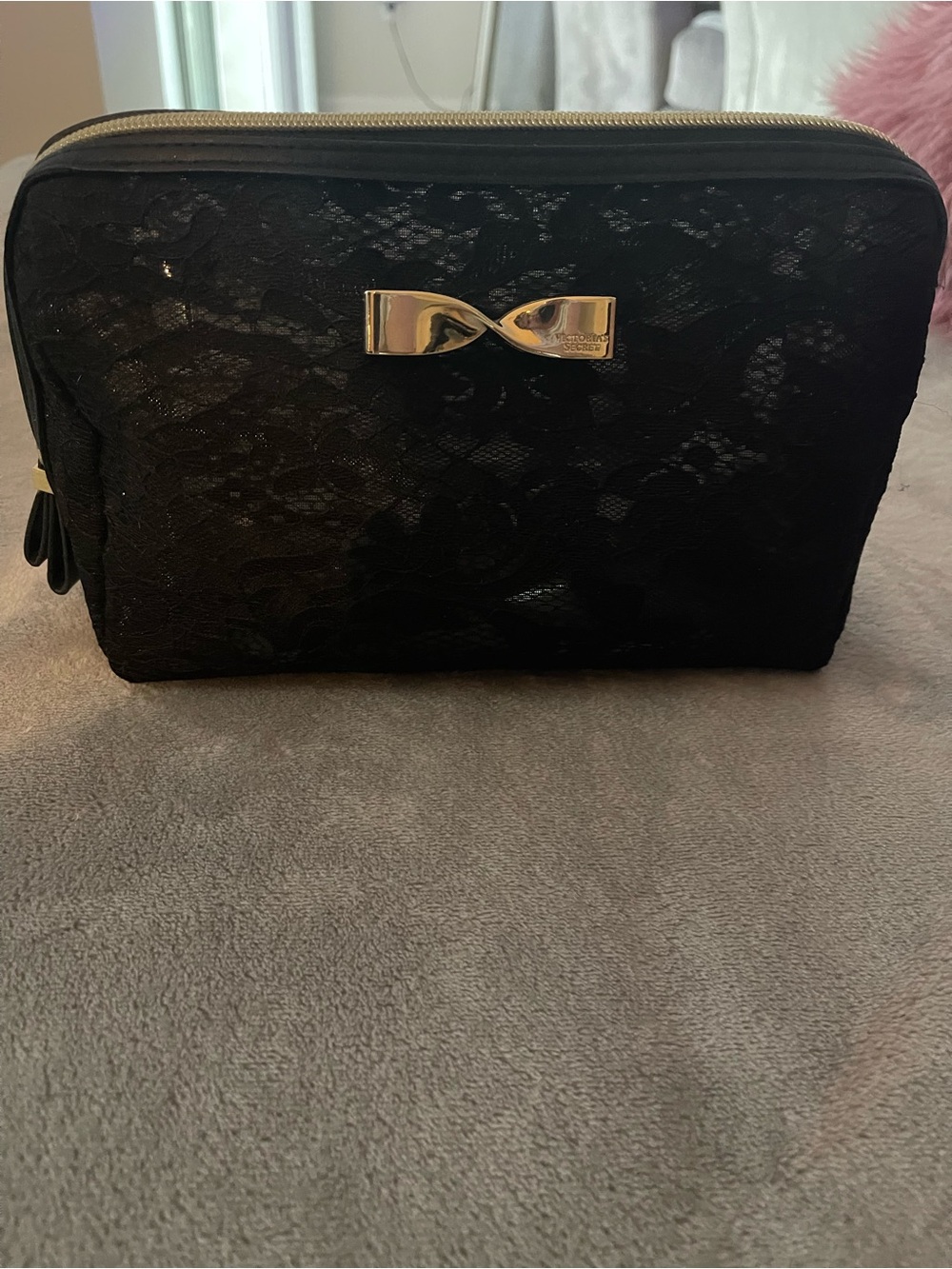 Victoria's Secret Black Lace Cosmetic Pouch with Gold Bow